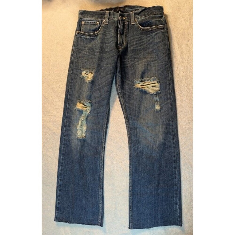 Levis 514 Jeans Mens 32x29.5 Blue Distressed Ripped Black Patch Raw Hem